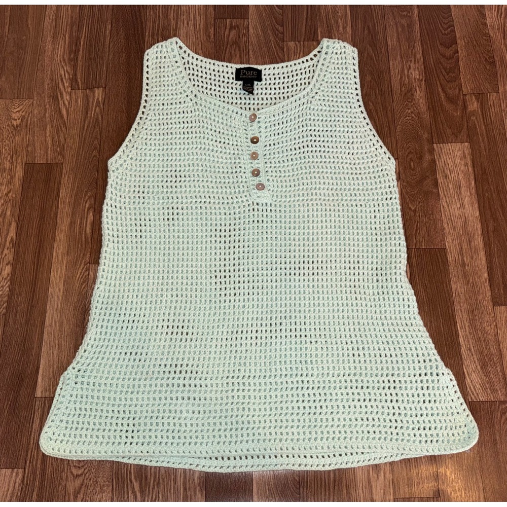 Pure Handknit Crochet Tank Top Mint Green Button Neck‎ L XL
